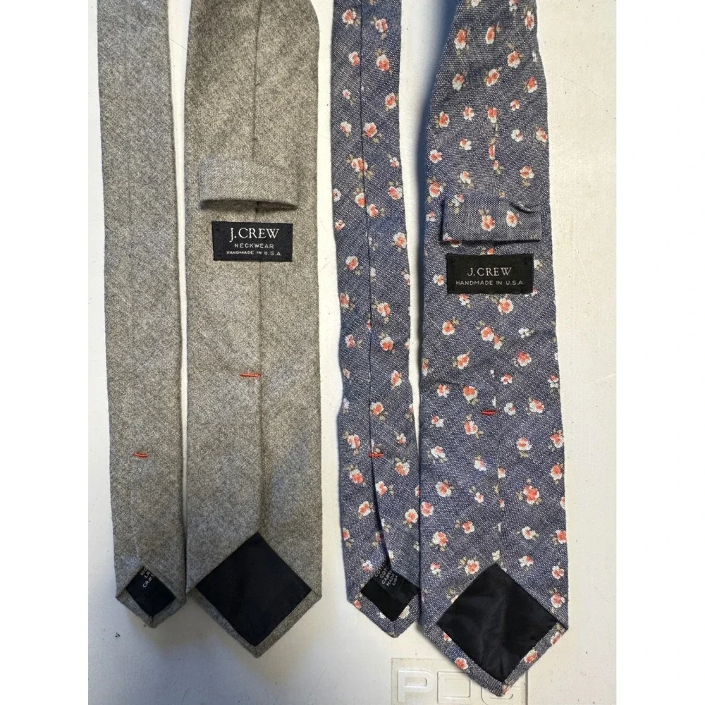 J. Crew Mens Tie Bundle Grey Wool & Blue Floral Cotton Handmade‎ USA Necktie Set